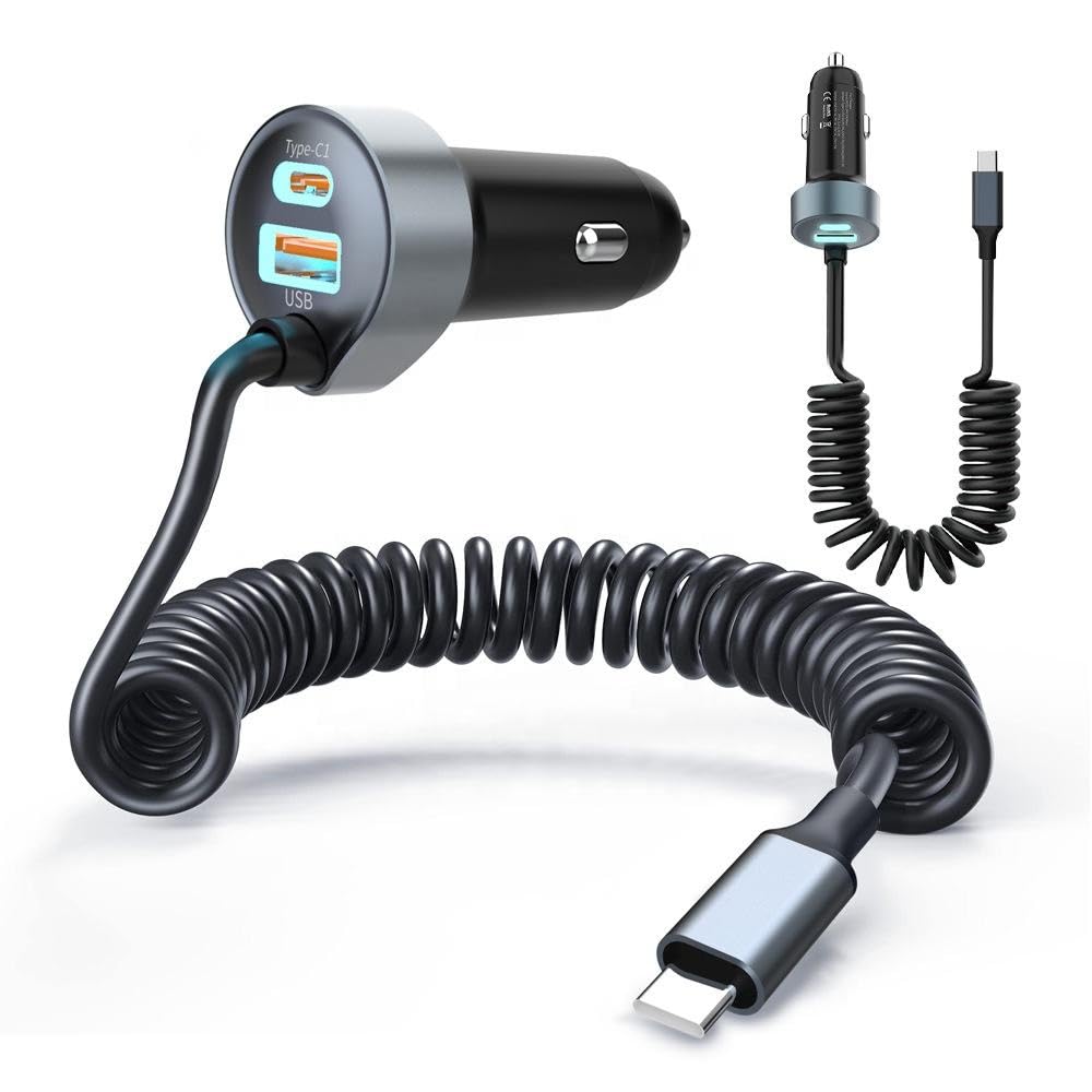 Quick Sense 65W Car Charger with Coiled Type-C Cable