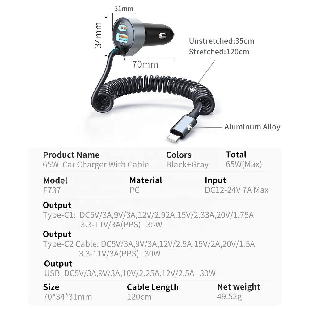 Quick Sense 65W Car Charger with Coiled Type-C Cable