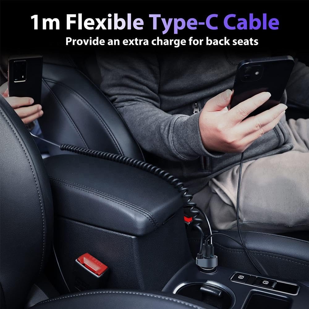 Quick Sense 65W Car Charger with Coiled Type-C Cable