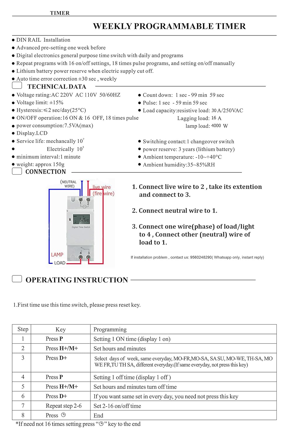 Quick Sense QS-T3 DIN Rail Programmable 24x7 Digital Timer Switch