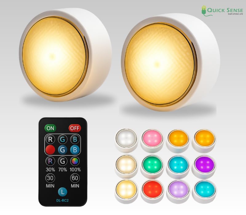 Quick Sense 2-Pack Battery LED Puck Lights, Remote, Colour-Changing