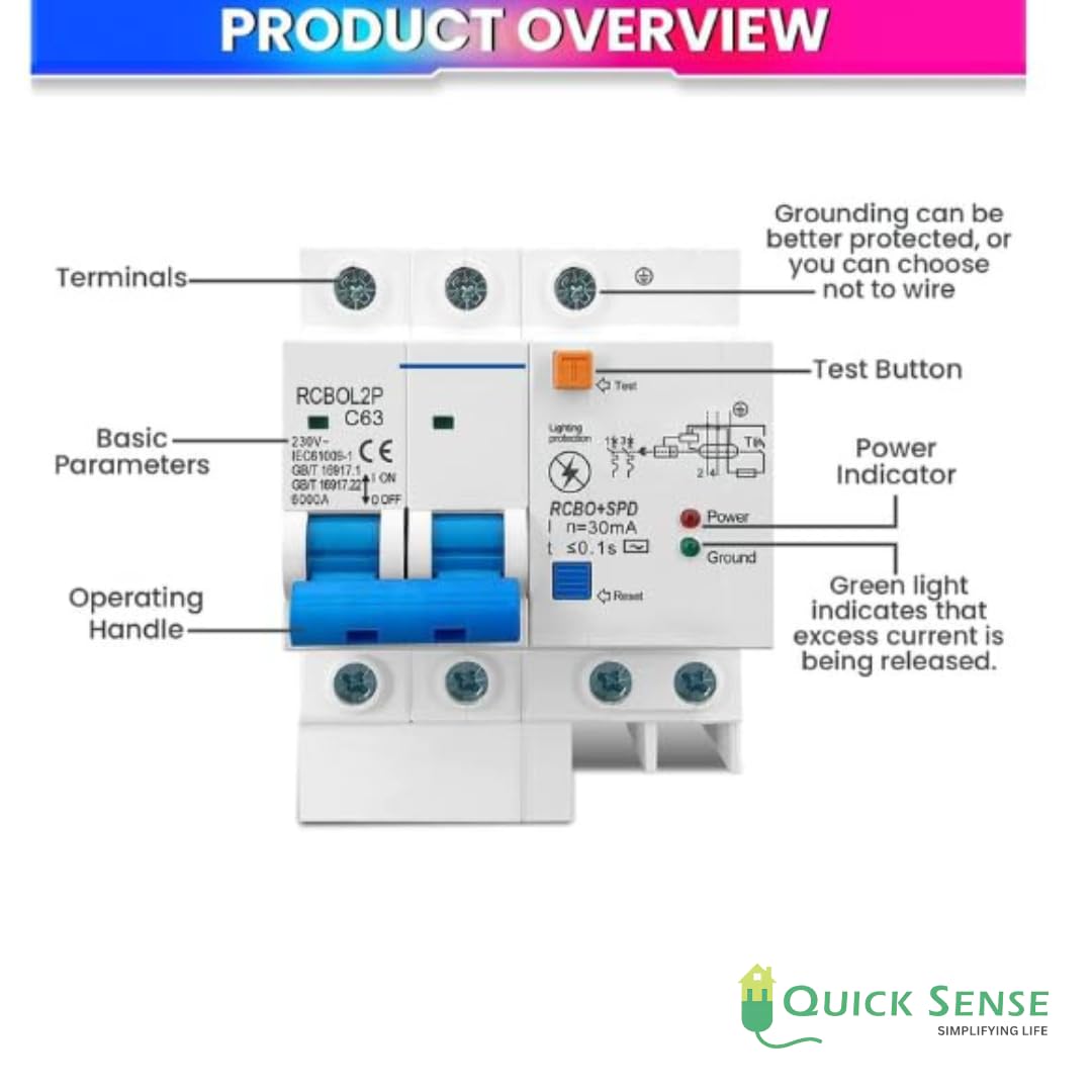 Quick Sense 63A 2-Pole RCBO DIN-Rail MCB with Leakage Protection