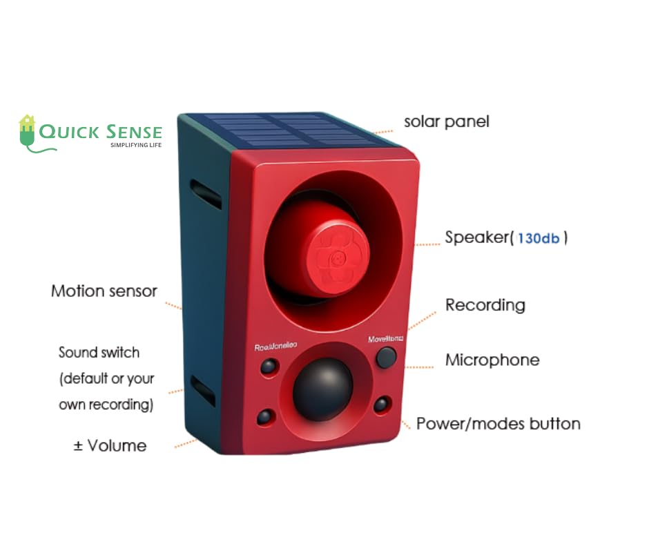 Solar Motion Sensor Alarm with 130dB Siren, Recording, USB