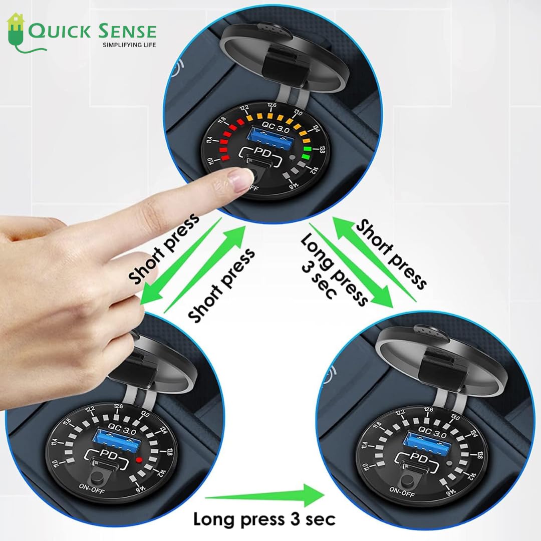 Quick Sense 12V PD65W USB Car Charger with Voltmeter Switch