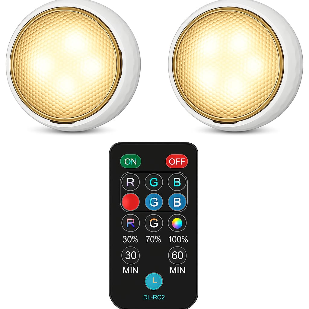 Quick Sense 2-Pack Battery LED Puck Lights, Remote, Colour-Changing