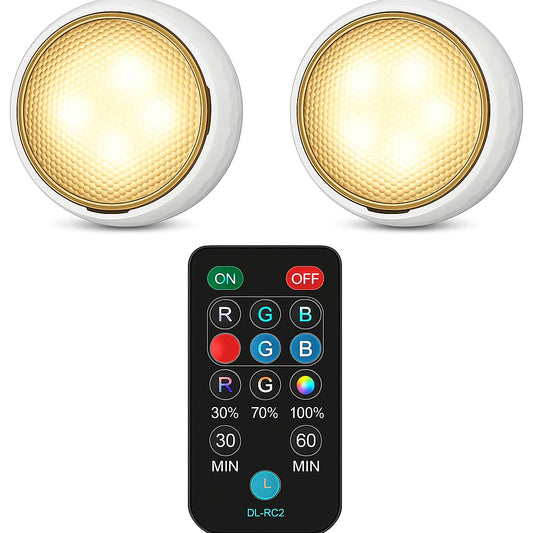 Quick Sense 2-Pack Battery LED Puck Lights, Remote, Colour-Changing