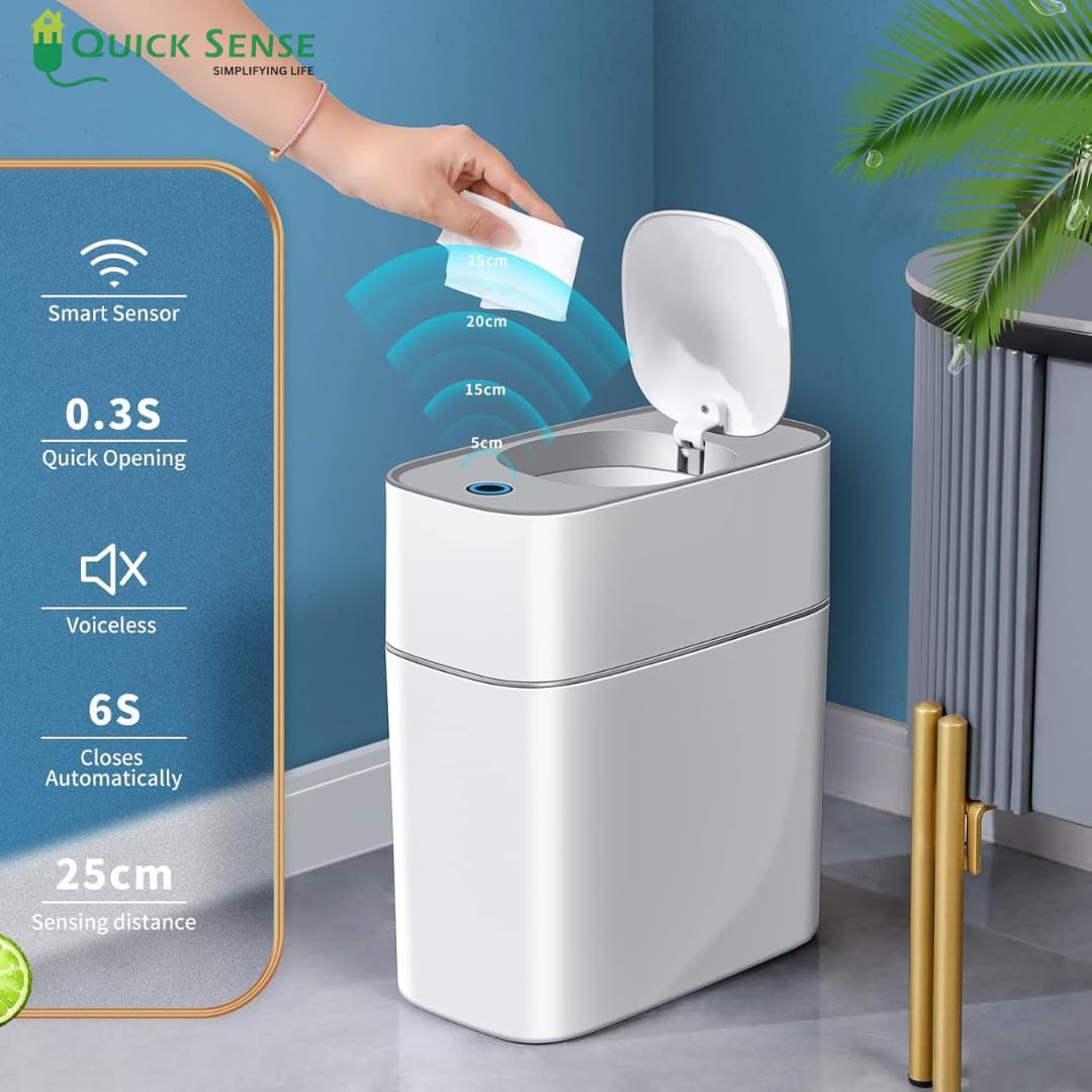 Quick Sense Motion Sensor Slim Bathroom Trash Can 14L Waterproof