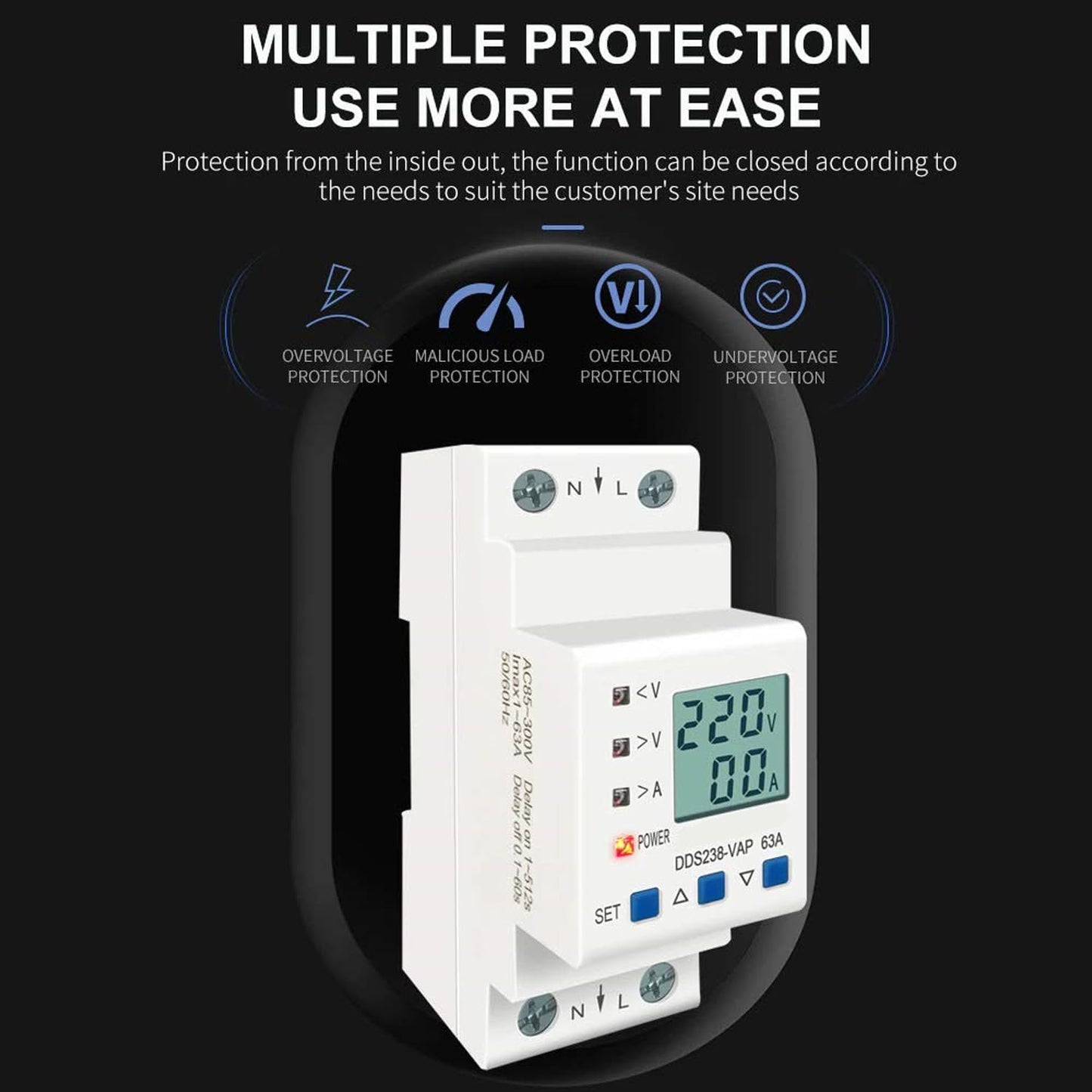 Quick Sense 63A DIN Voltage Protector with LCD Energy Meter