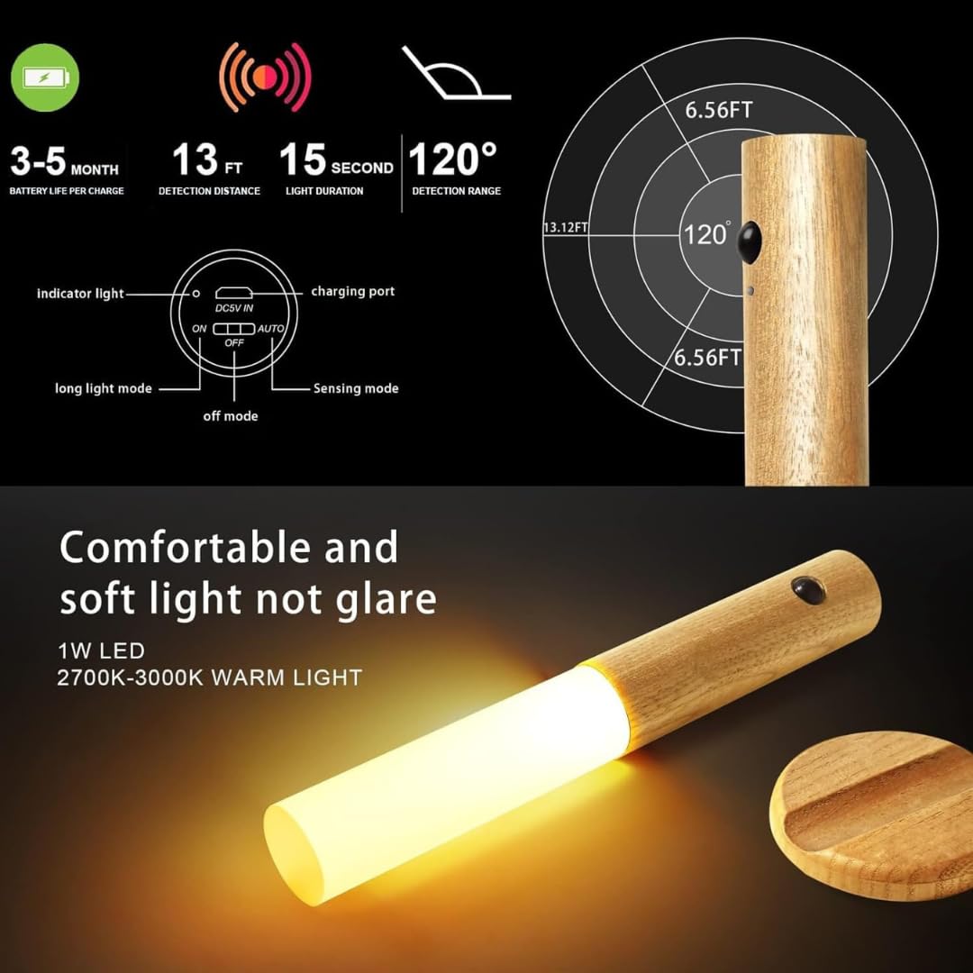Quick Sense Walnut Motion Sensor Night Light Rechargeable LED Sconce
