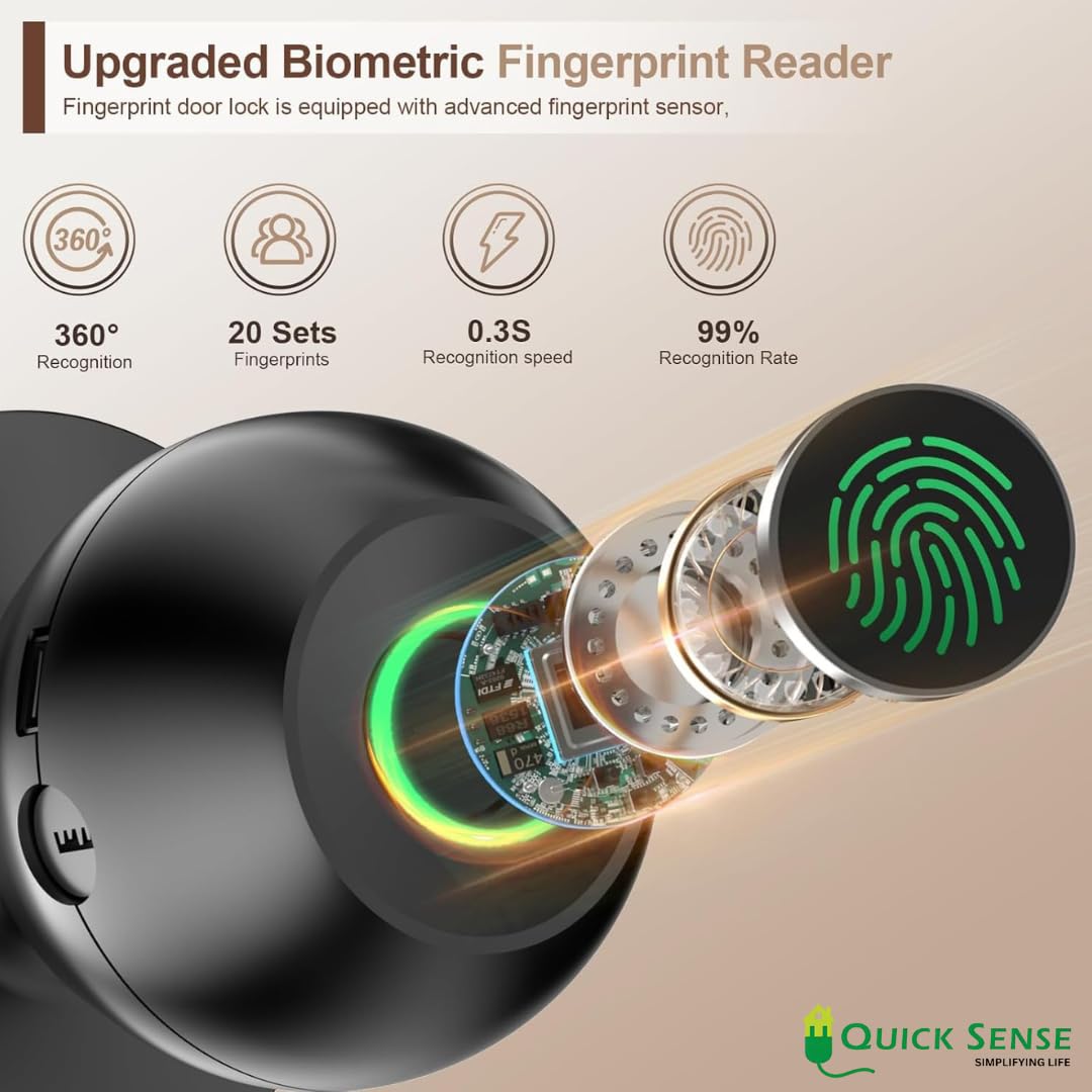 Quick Sense Smart Fingerprint Door Knob – Biometric App-Controlled Lock