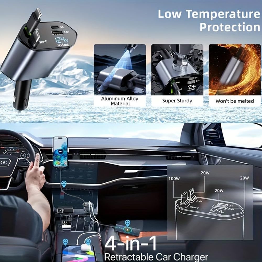 Quick Sense Retractable 69W USB-C Car Charger with Display