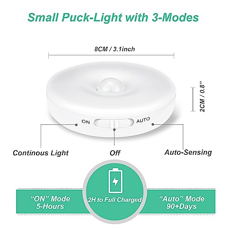 Quick sense (QS-RMSL02)Motion Sensor Light Indoor,Rechargeable Battery Powered LED Closet Lights Puck Lights Step Lights with 3M Adhesive,Stick on Lights for Under Cabinet,Counter,Hallway,Stairs(Pure-White)