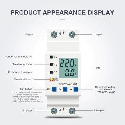 Quick Sense 63A DIN Voltage Protector with LCD Energy Meter