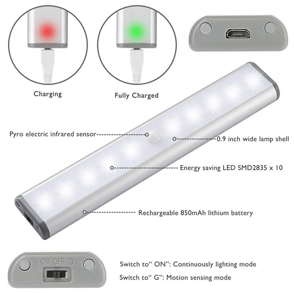 Quick Sense (QS-RMSL03) Stick On Anywhere Portable Wireless 10 LED Cabinet Lights Motion Sensor Activated Night Light Rechargeable Battery Magnetic Tap Lights for Closet Cabinet