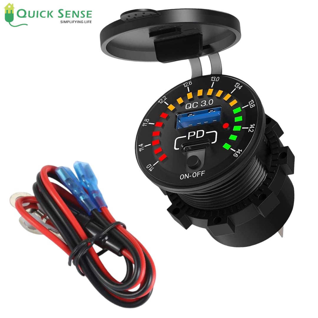 Quick Sense 12V PD65W USB Car Charger with Voltmeter Switch