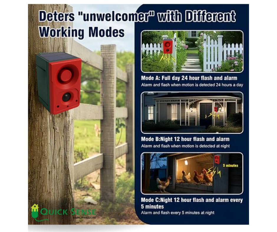 Solar Motion Sensor Alarm with 130dB Siren, Recording, USB