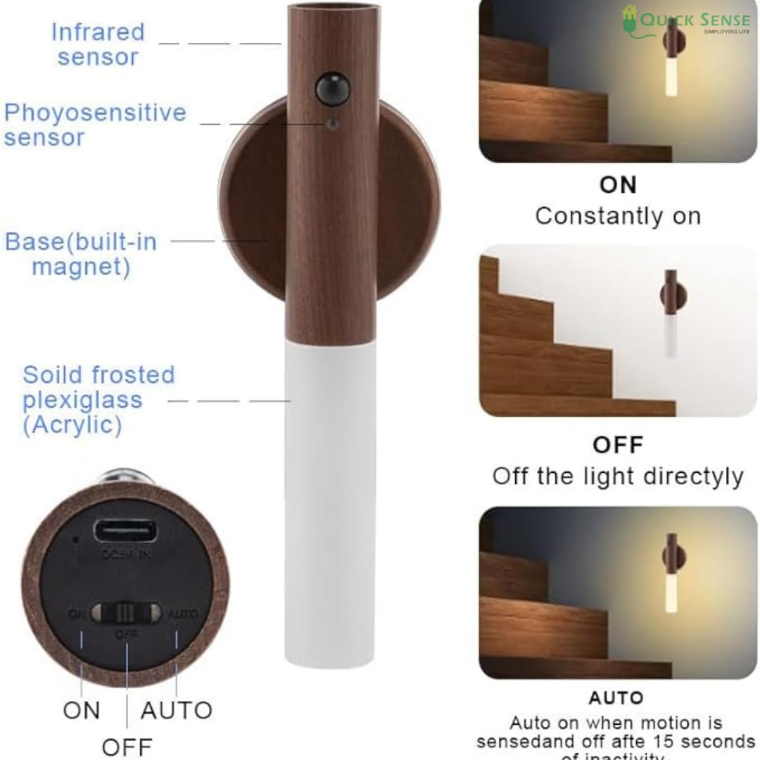 Quick Sense Walnut Motion Sensor Night Light Rechargeable LED Sconce