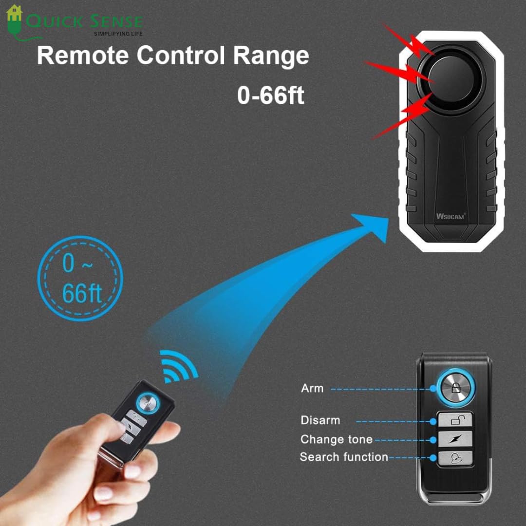 Quick Sense 113dB Wireless Bike Alarm with Remote, IP55 Waterproof