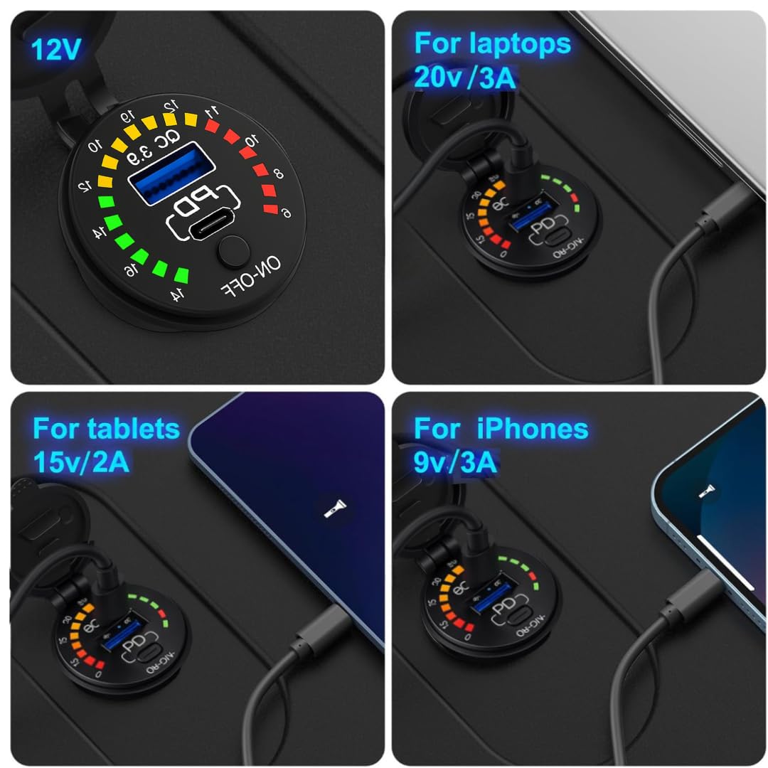Quick Sense 12V PD65W USB Car Charger with Voltmeter Switch