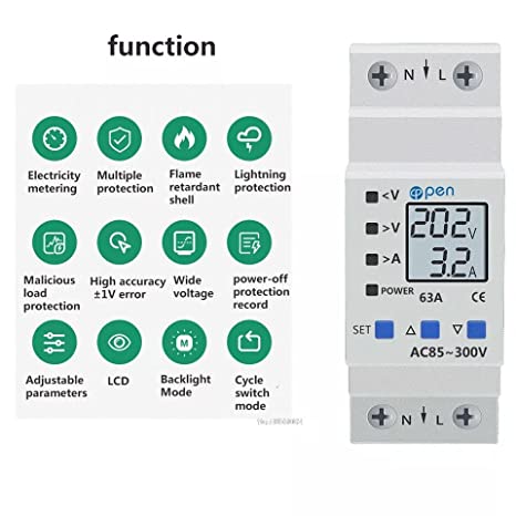 Quick Sense (QS-VP02):Over Under Voltage Protection With Over Current/Load Protection, Digital Energy Meter 63A, 230V DIN Rail Mounted