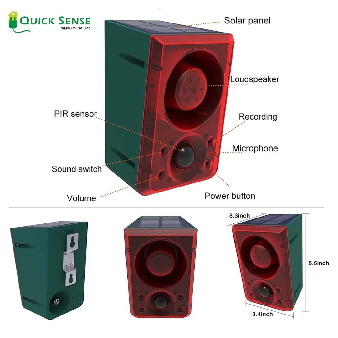 Solar Motion Sensor Alarm with 130dB Siren, Recording, USB