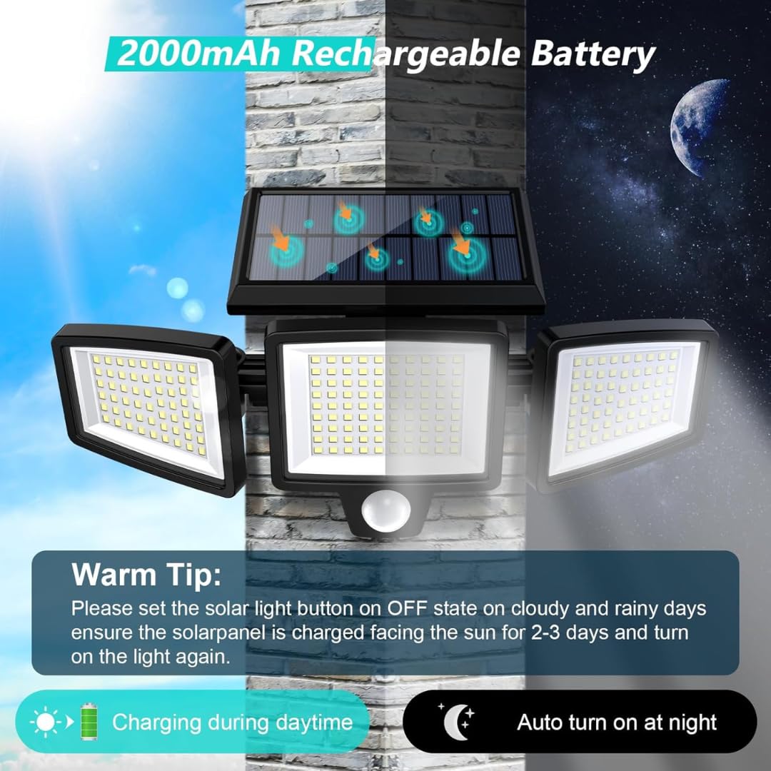 Quick Sense Solar Security Light 2500LM 210 LED 3-Head Remote