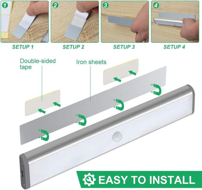 Step-by-step guide on installing a motion sensor light with double-sided tape and iron sheets.