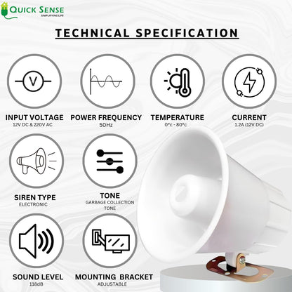 Quick Sense 122dB Industrial Hooter Siren Alarm 12V DC Weatherproof