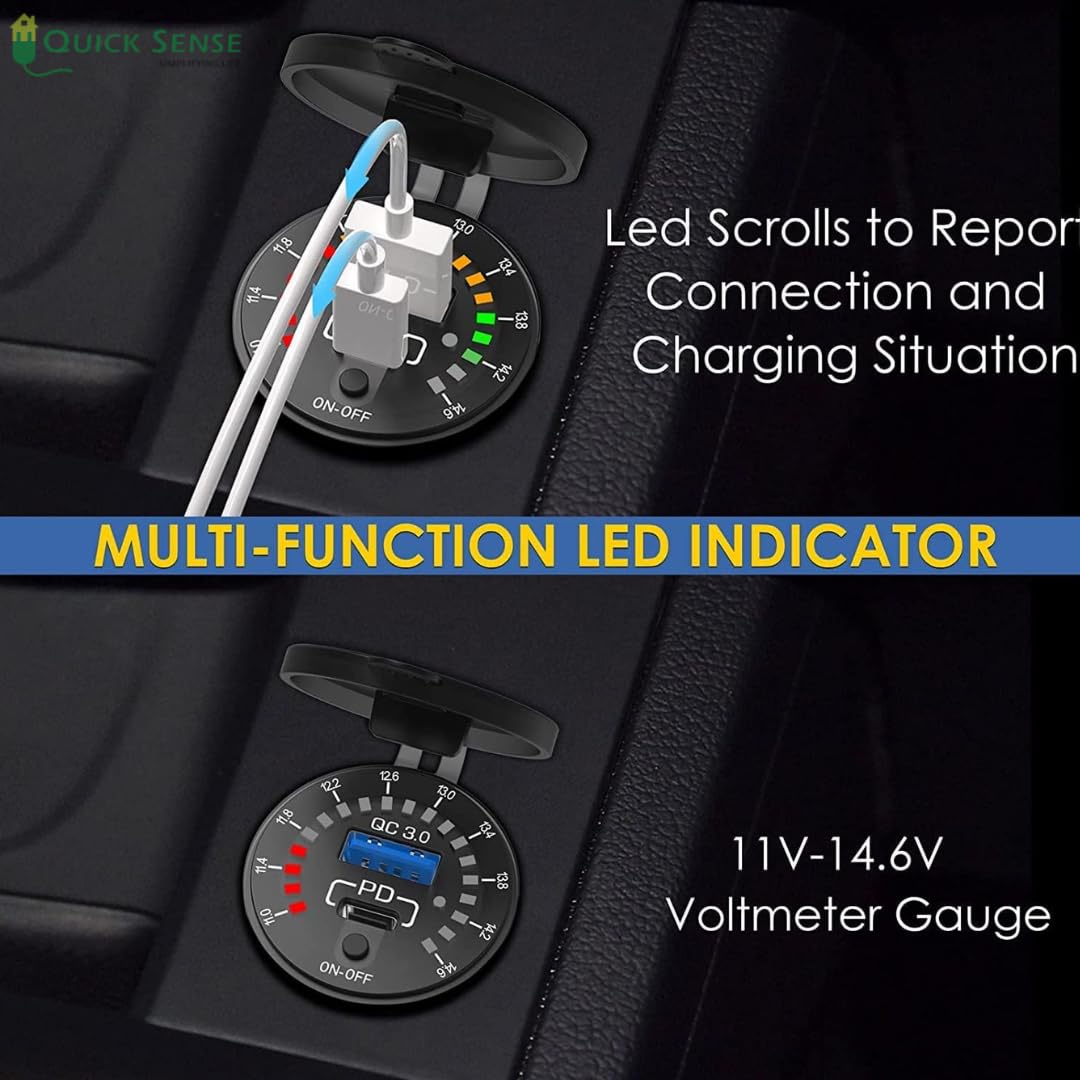Quick Sense 12V PD65W USB Car Charger with Voltmeter Switch