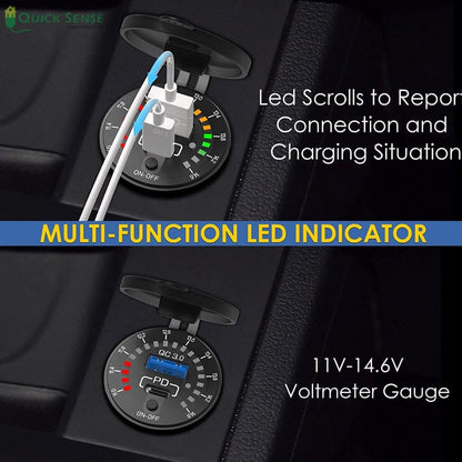 Quick Sense 12V PD65W USB Car Charger with Voltmeter Switch