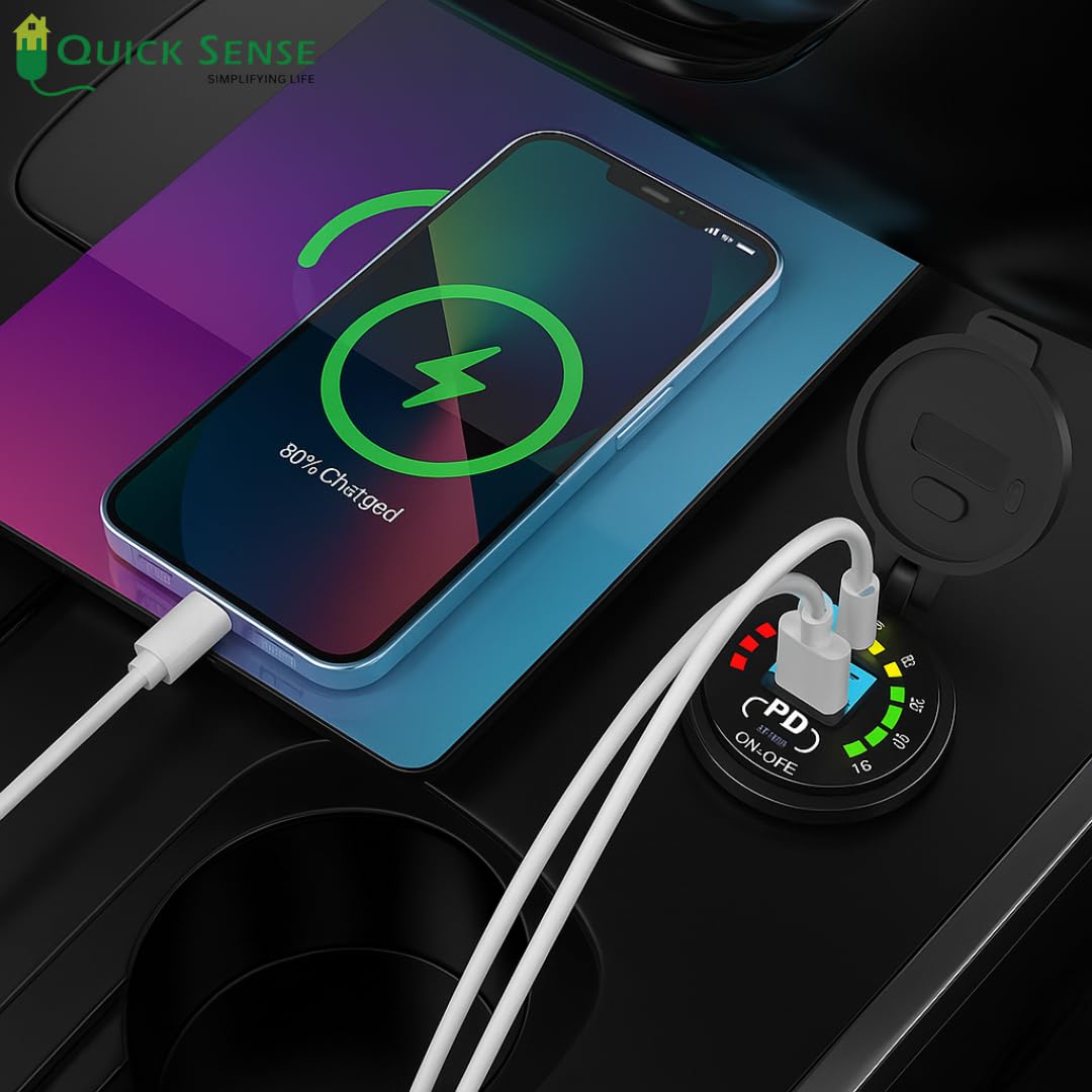 Quick Sense 12V PD65W USB Car Charger with Voltmeter Switch