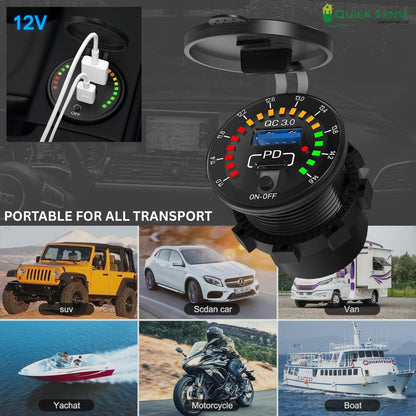 Quick Sense 12V PD65W USB Car Charger with Voltmeter Switch