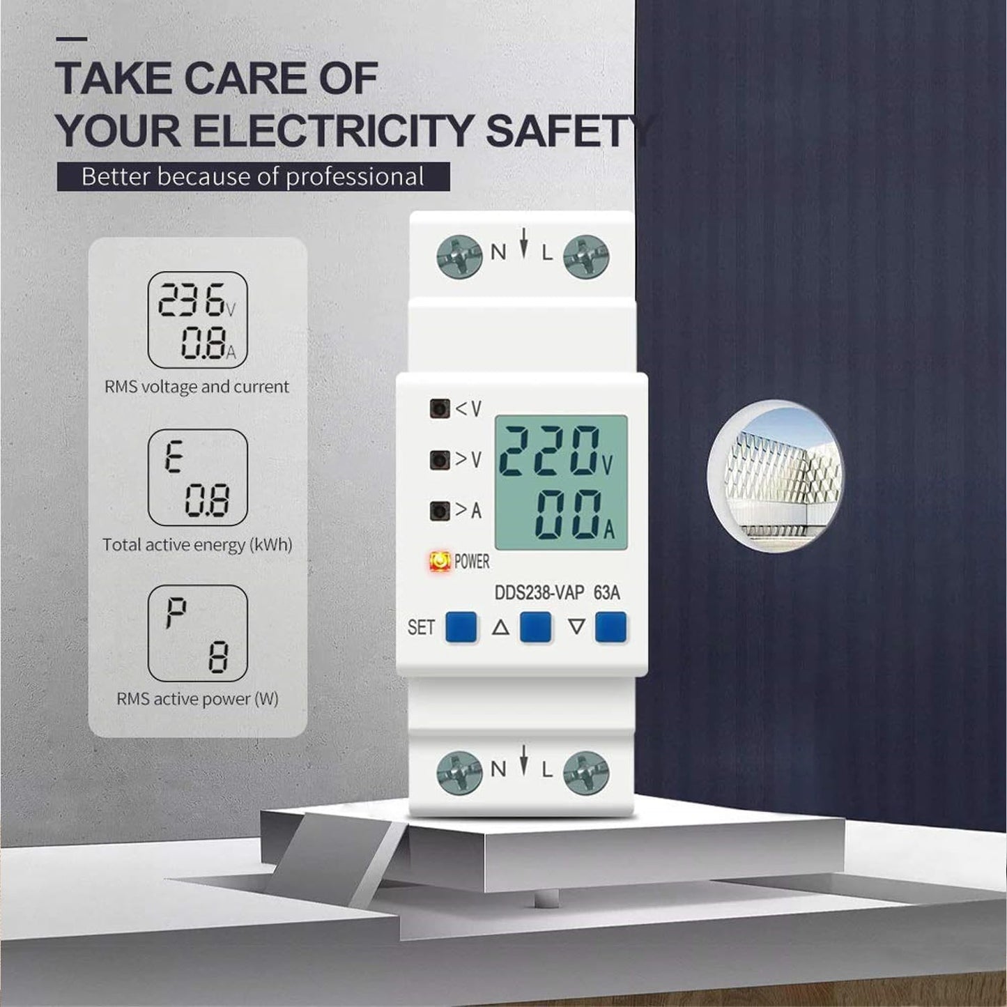 Quick Sense 63A DIN Voltage Protector with LCD Energy Meter