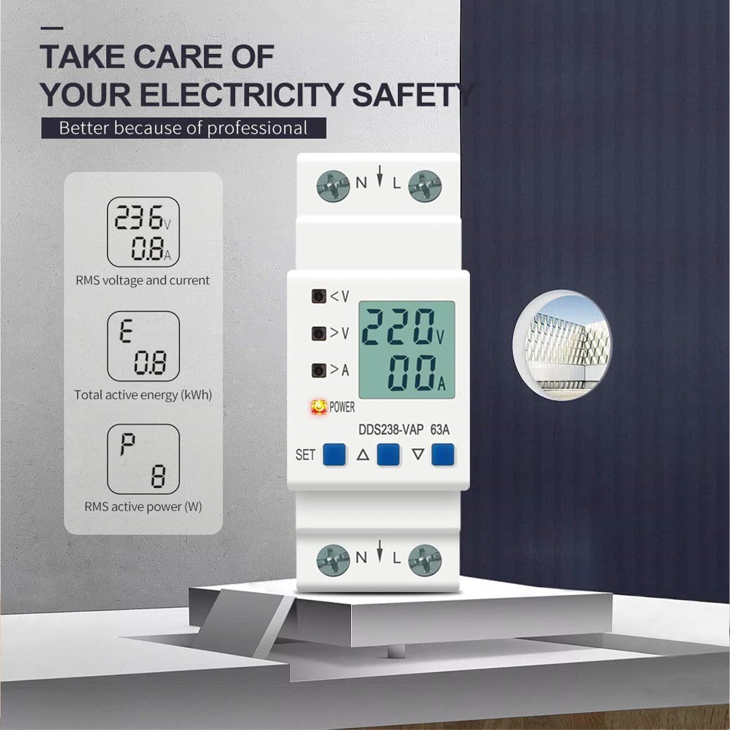 Quick Sense 63A DIN Voltage Protector with LCD Energy Meter