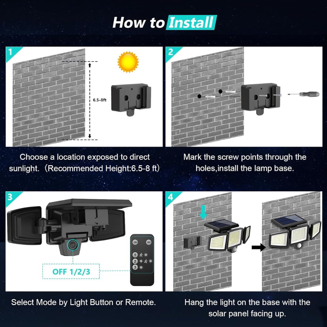 Quick Sense Solar Security Light 2500LM 210 LED 3-Head Remote