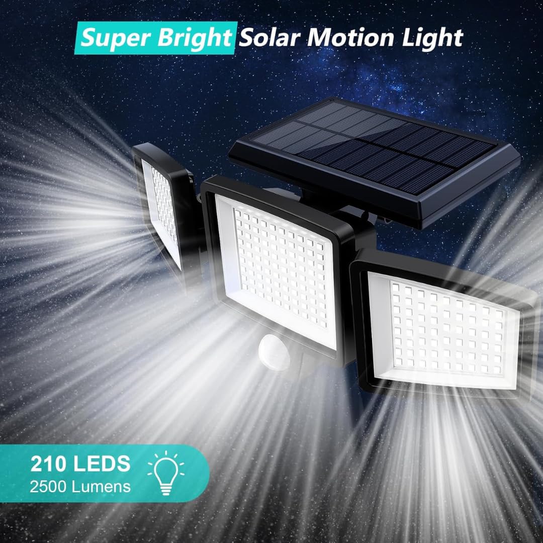 Quick Sense Solar Security Light 2500LM 210 LED 3-Head Remote