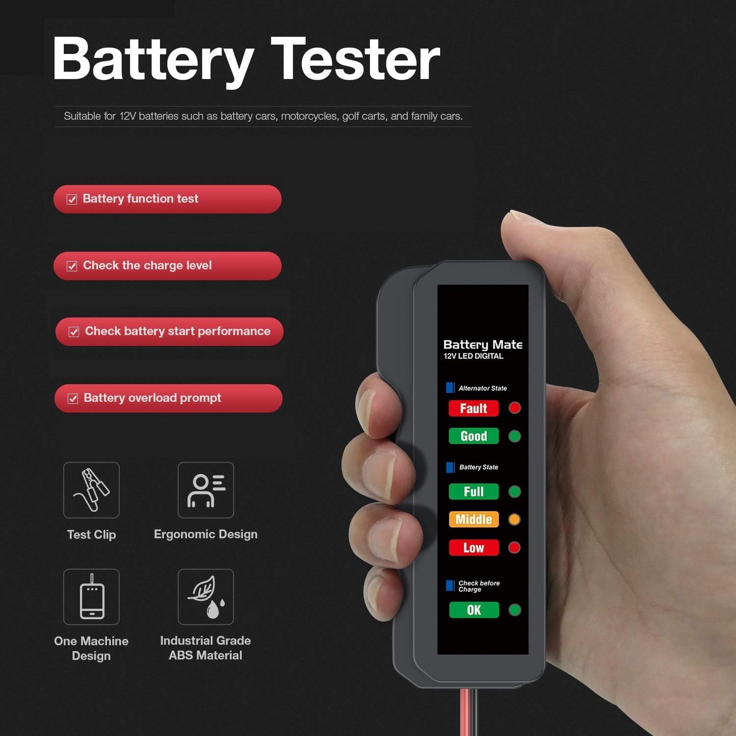 Quick Sense 12V Digital Battery Tester with 6-LED Alternator Check