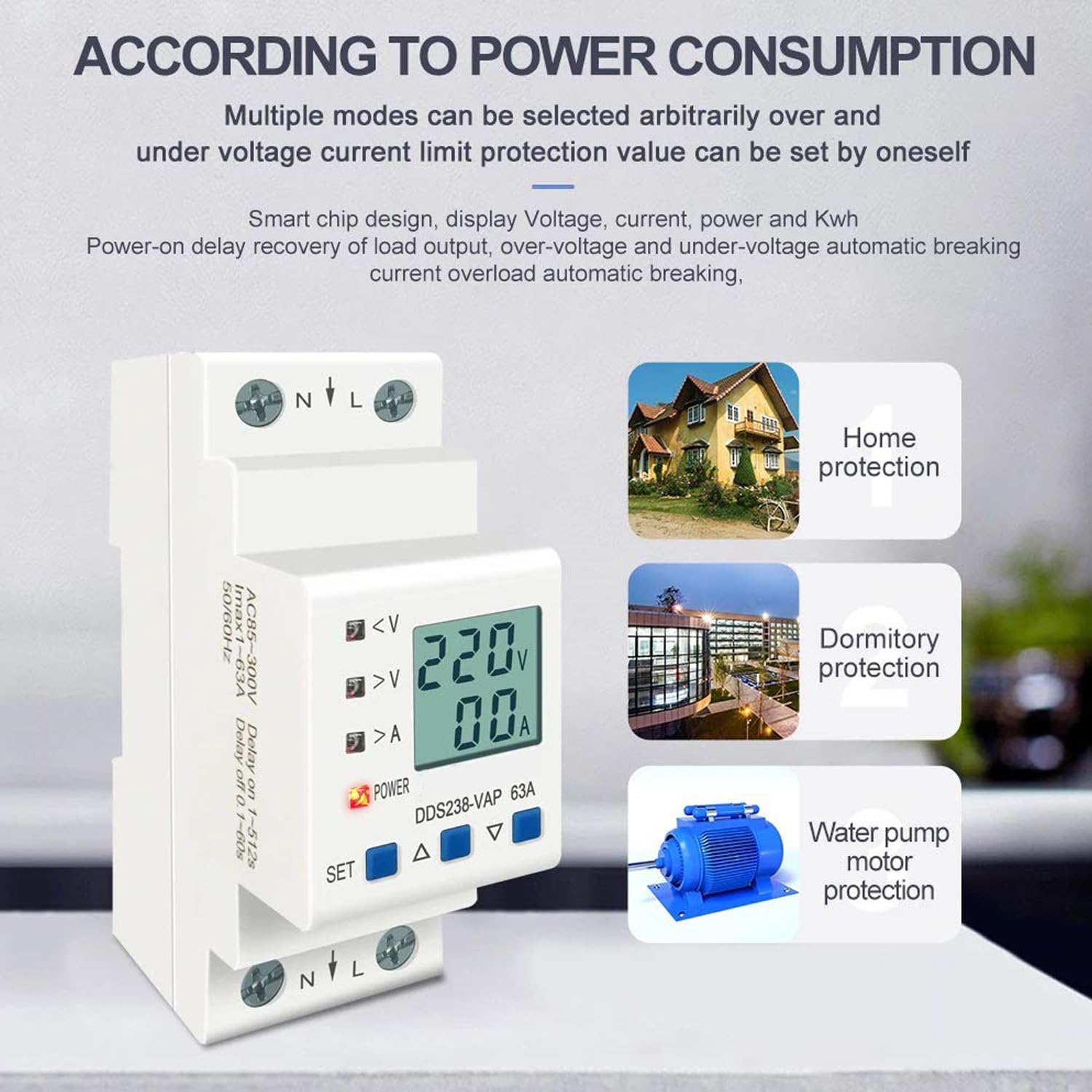 Quick Sense 63A DIN Voltage Protector with LCD Energy Meter