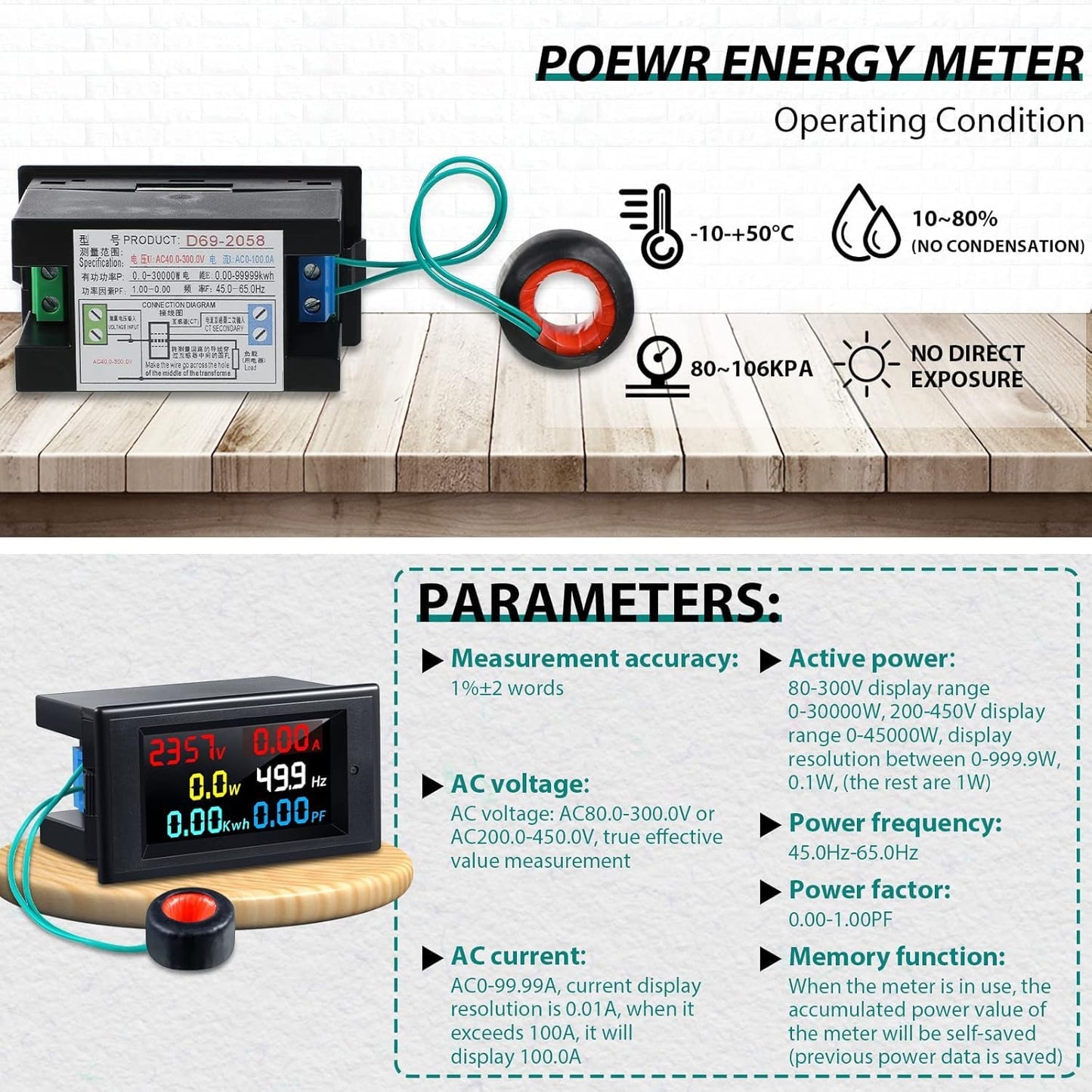 Quick Sense 6-in-1 Energy Meter 80-300V 100A Multicolor Backlit Display