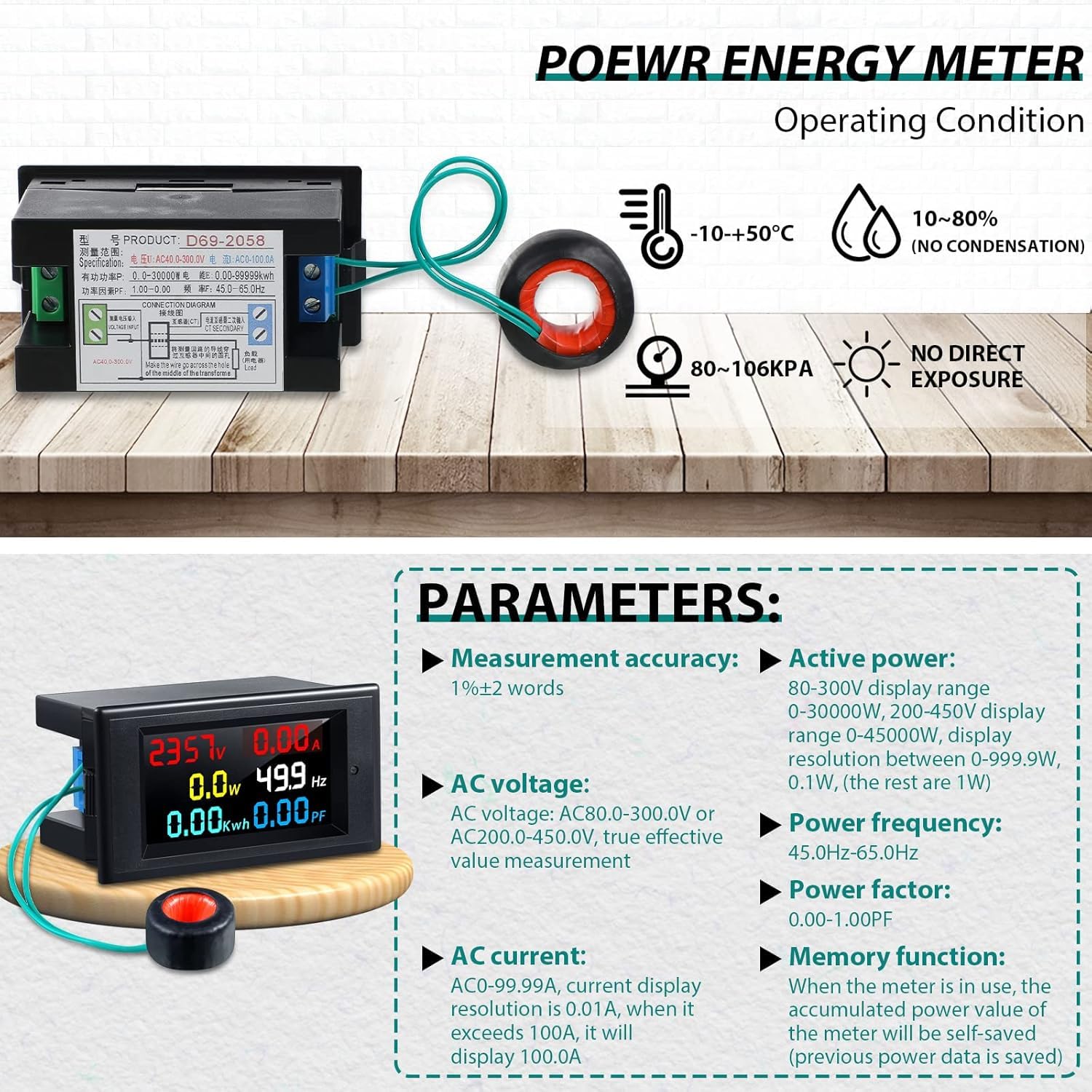 Quick Sense 6-in-1 Energy Meter 80-300V 100A Multicolor Backlit Display