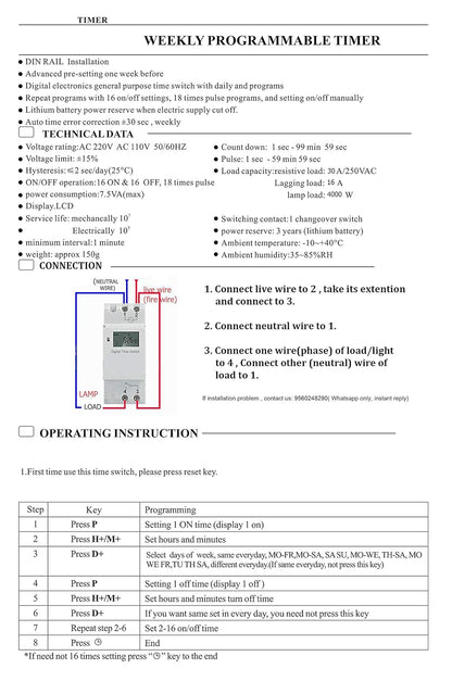 Quick Sense QS-T3 DIN-Rail 7-Day Programmable Digital Timer Switch