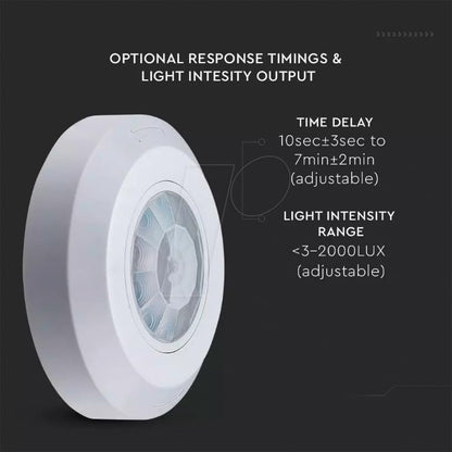 Mini 360 ceiling PIR sensor showing sensitivity LUX and time delay adjustment dials